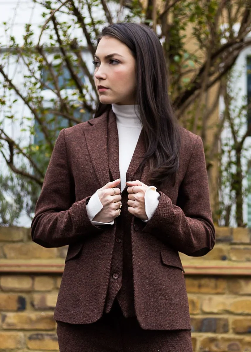 WS-12 - Blazer feminino de tweed com padrão espinha de peixe em lã marrom ferrugem - Image 3