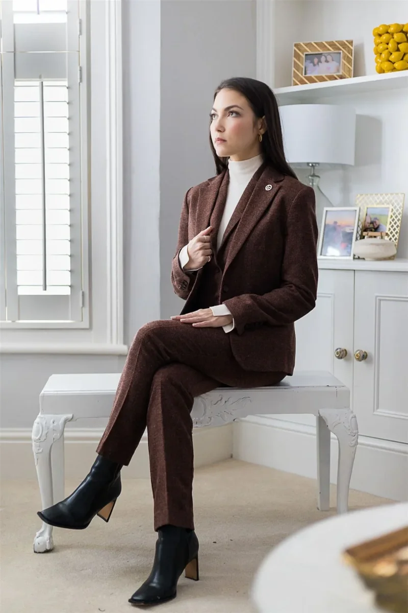 WS-12 - Blazer feminino de tweed com padrão espinha de peixe em lã marrom ferrugem - Image 8