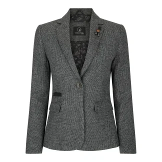 Blazer feminino cinza em tweed espinha de peixe, estilo anos 1920, corte sob medida, vintage retrô.