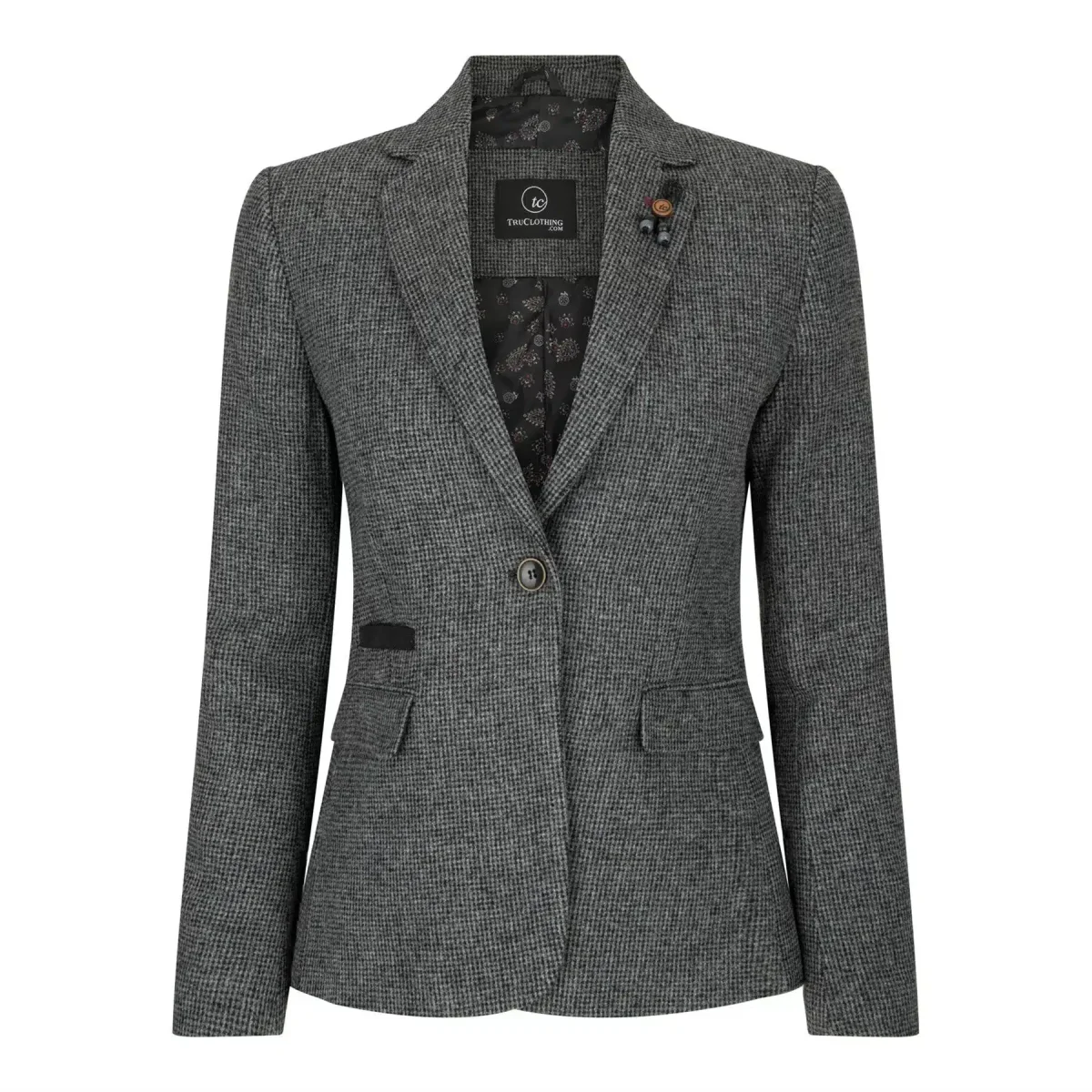 Blazer feminino cinza em tweed espinha de peixe, estilo anos 1920, corte sob medida, vintage retrô. - Image 2