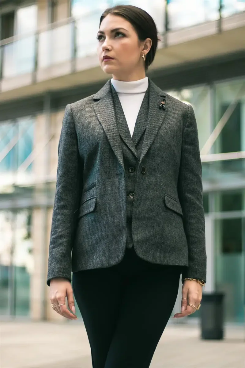 Blazer feminino cinza em tweed espinha de peixe, estilo anos 1920, corte sob medida, vintage retrô. - Image 6