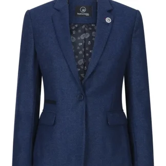 Blazer feminino em tweed espinha de peixe, azul-marinho, estilo vintage anos 1920, clássico e elegante.