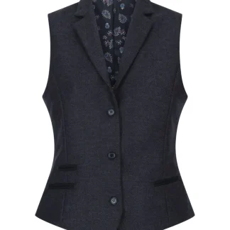 Colete feminino preto em tweed espinha de peixe, lã, clássico, elegante e casual, estilo vintage dos anos 1920.